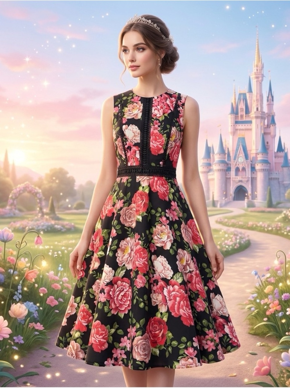 Disney Princess Brand Black Midi Dress with Pink and Cream Rose Print Medium
